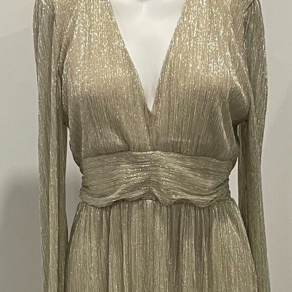Carla Conti Shimmering Gold Maxi Dress V-Neck Long Sleeve Formal Gown Party XL - Picture 9 of 12